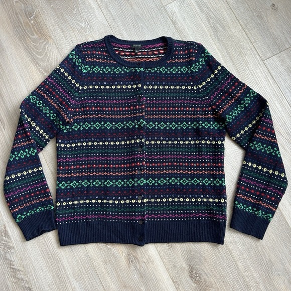 Talbots Fair Isle Sequined Colorful Lambswool Blend Cardigan Sweater Womens L - Picture 1 of 9